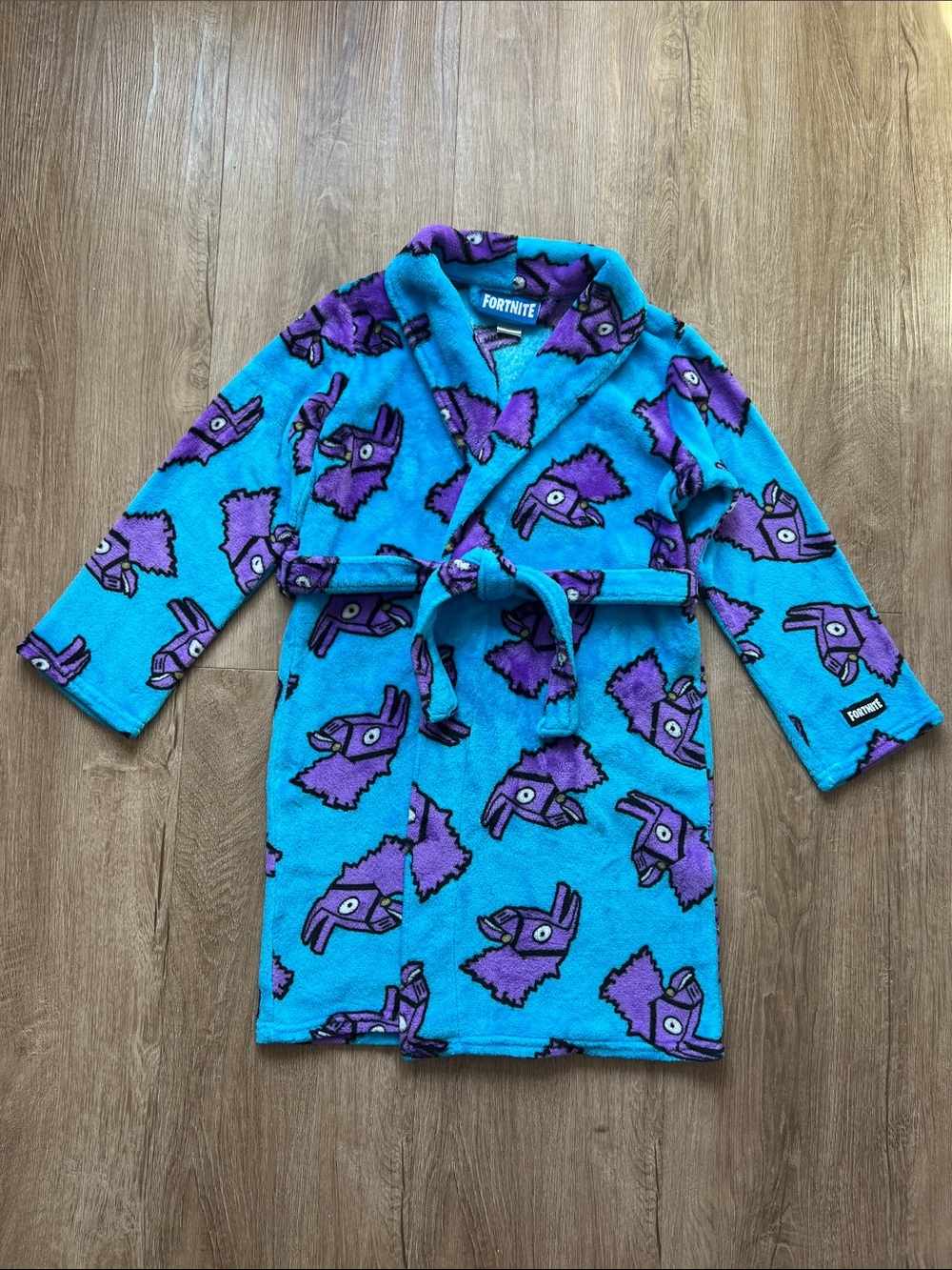Fortnite Kids Plush Robe in Turquoise with Purple Llama Graphics Size Medium